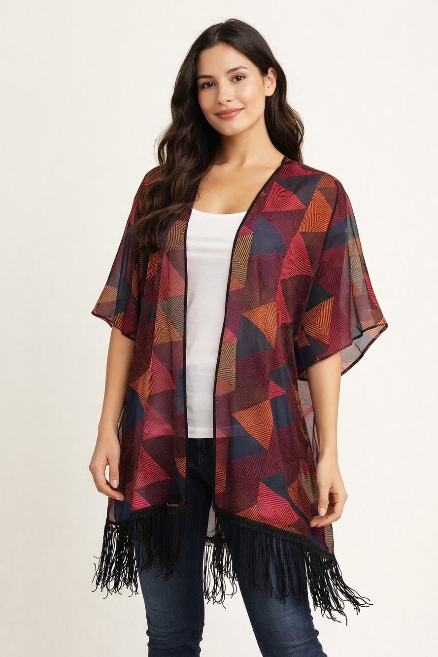 LuLaRoe Small Sheer Geometric Fringe Kimono Cardigan Open Front Boho Festival